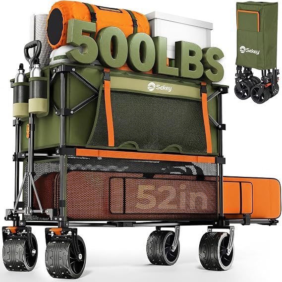 Sekey 500LBS Heavy Duty Double Decker Wagon with Extender, 400L Large Capacity Collapsible Garden Cart Fits 10x10 Canopy, All-Terrain Big Wheels with Brakes, Foldable Utility Wagon for Sports, Camping