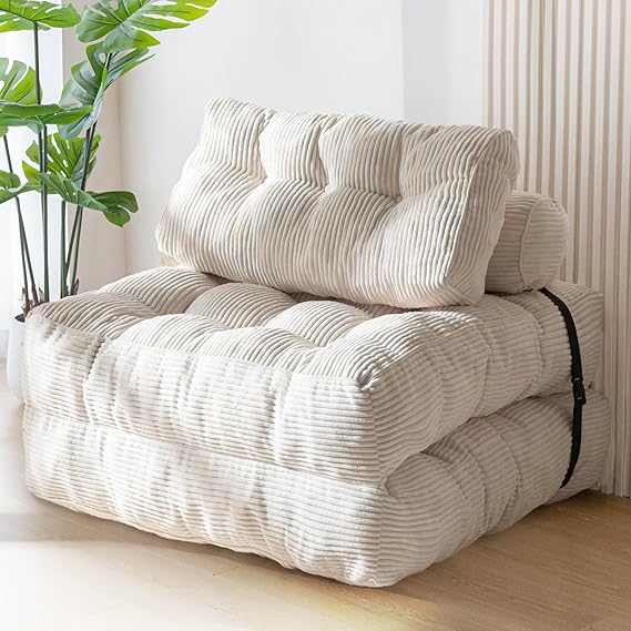 MAXYOYO Foldable Sofa Bed Convertible Sofa Chair with Pillow Mattress with Back Support Portable Chair Bed Comfortable Floor Sofa Lounge for Living Room Bedroom Beige