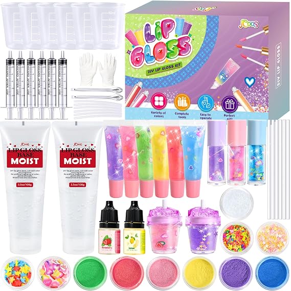 Jcoos Lip Gloss Making Kit, Fun Lip Gloss Kit to Make Your Own Lip Gloss for Girls, Women, Teens with Moisturizing Lipgloss Base, Flavored Oil,Tubes, Pigments Lipgloss Set Gift for Beginner Women