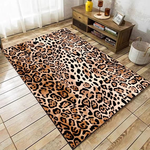 Leopard Print Rugs, 4x5ft, Brown Vintage Animal Hide Printed Carpet, Non-Shedding Low Pile Thin Durable Carpets, Machine Washable Cozy Non-Skid Area Rug for Dining Room Living Room