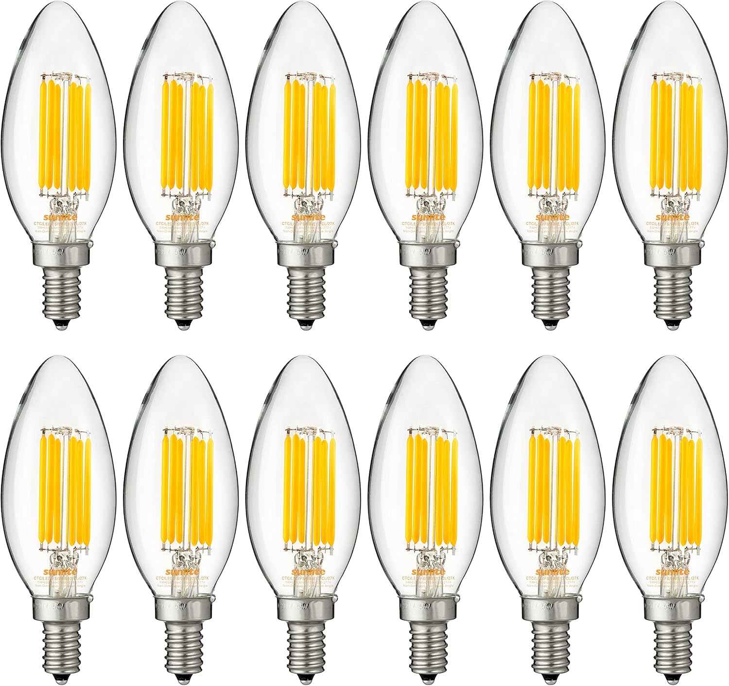 Sunlite 40301 LED Edison B11 Torpedo Tip Chandelier Light Bulb, 5 Watts 60W Equivalent, 630 Lumens, Candelabra E12 Base, Non-Dimmable Clear Glass Filament, 220-277 Volt, 2700K Warm White, 12 Count