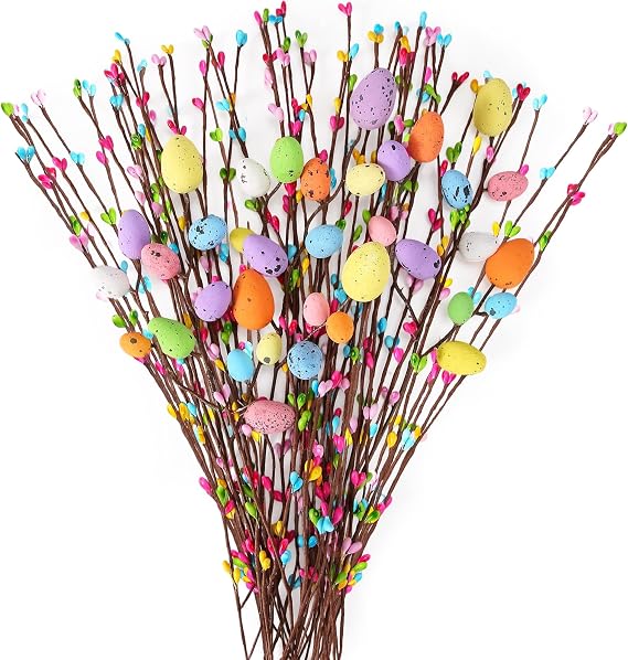 Yunfan 39Pcs Easter Decorations Artificial Easter Spray Vine with Pastel Eggs and Berries Spring Flower Stems Egg Twig Branches for Home Vase Decor Floral Arrangement Centerpiece Wreath Decoration