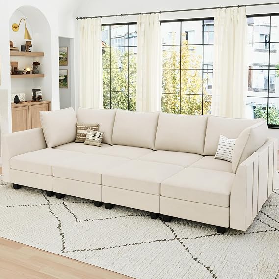 Belffin Modular Sleeper Sofa Velvet Sectional Couch with Storage 8 Seats Sectional Sofa Bed for Living Room, Beige