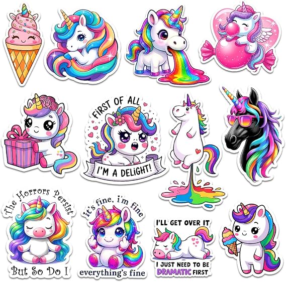 12 Pcs Cute Unicorn Stickers Funny Rainbow Magical Designs Gifts for Teens Kids Students Friends for Laptop Water Bottle Tumbler Notebook Journal Scrapbook Phone Case Decoration 2 Inches
