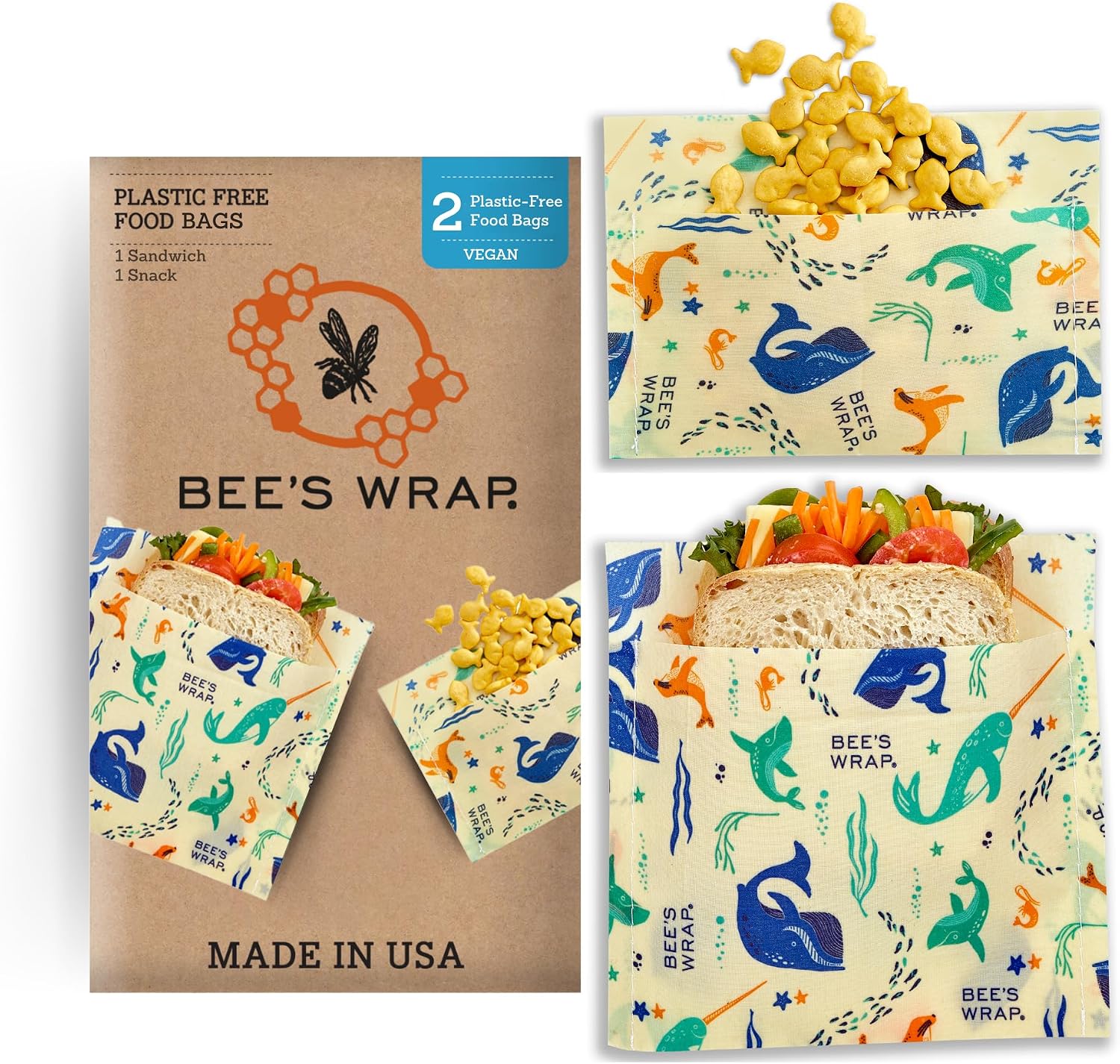 Bees Wrap Vegan Beeswax Wraps for Food - Under the Sea Sandwich Bag & Snack Bag, Made in USA Reusable & Organic Food Wraps, Sandwich Wrap - Eco-Friendly Alternative to Aluminum Foil & Plastic Wrap