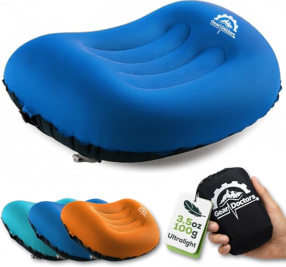 Gear Doctors 3.5oz Compact Ultralight Inflatable Camping Pillow Inflatable Camp Pillow Backpacking Pillows UltralightCamping Pillows for Sleeping, Hiking, Travel, Beach, Office, Neck, Lumper [Blue]