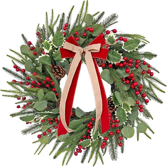 Front-Door Christmas Wreaths with Bow: 24 Inch Red Berry Pine Wreath  with Storage Bag - Durable Outdoor Winter Wreath Creating Warm Xmas Vibes - Easy Storage & Gifts Ready Instantly