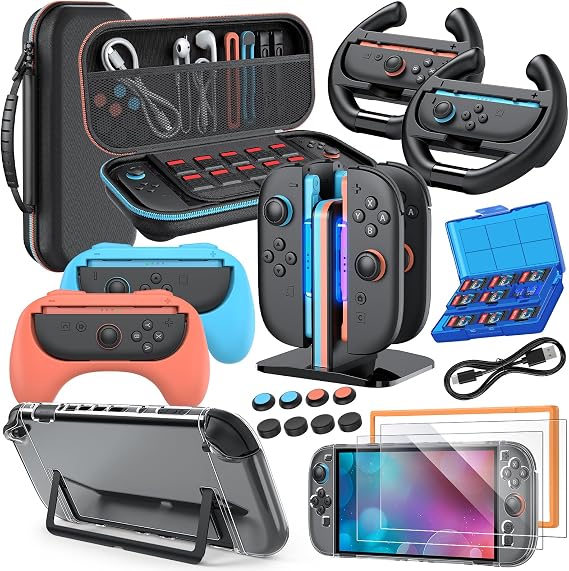 Switch 2 Accessories Bundle for Nintendo Switch 2 2025, 20 in 1 MENEEA Bundle Kits:Carrying Case, Switch 2 Charger Dock,Grips for JoyCon,Steering Wheels,Protective Cover for GameCube Accessories
