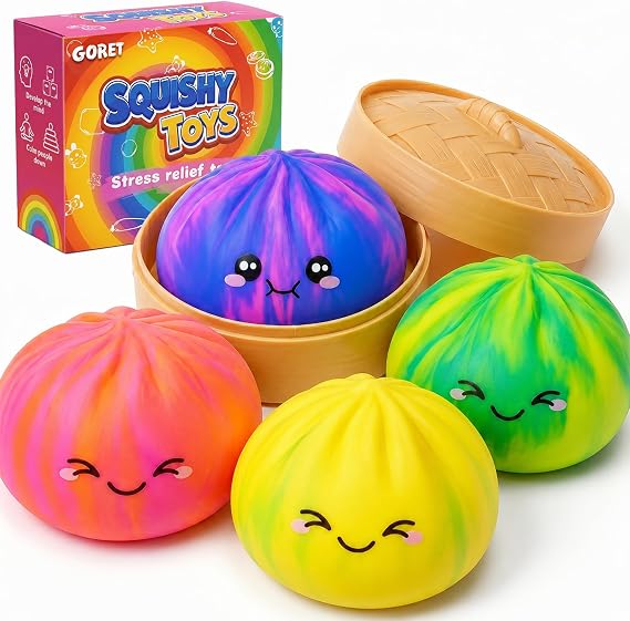 4 Pack Dumpling Squishy,Kawaii Dumplings Squishies Bao Bun Fidget Toyswith Steamer Baskets,Soft Squeeze Stress Relief Sensory Toys for Kids Adults,Rainbow Party Bag Fillers (4 Pack Rainbow)