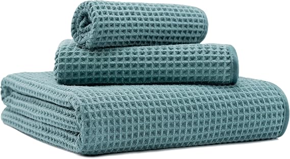 MICROFI New Microfiber Waffle Bath Towels, 3 Pieces, Oversized, Soft, Absorbent, Fast Drying, Lint Free, Includes Bath, Face and Hand Towels 430 GSM