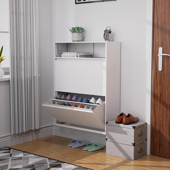 PULLAFUN Shoe Cabinet with 2 Flip Drawers, Disassembling and Assembling Standing Feet