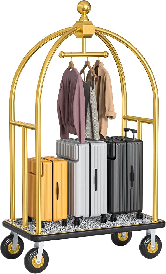 Hotel Luggage Cart, 1300LBS Load Capacity Bellman's Cart with 8" Wheels, Brushed Stainless Steel Commercial Grade Hotel Luggage Trolley with Grey Carpeted Deck for Hotels (Gold/42''L x 26''W x 74''H)