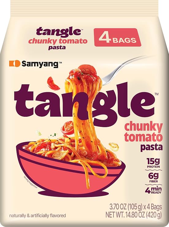 Samyang Tangle Chunky Tomato Linguine Savory Garlic and Onion Flavor Italian Inspired Sauce Air Dried Noodle Easy Cook Pasta 3.63 oz (Pack of 4)