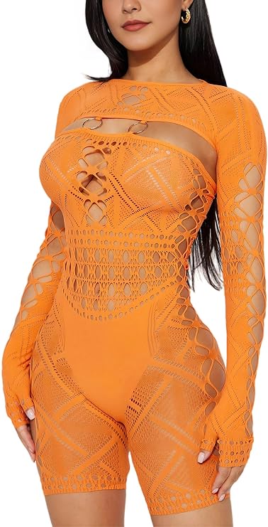 Rave Outfits for Women Sexy Romper Mesh Long Sleeve Jumpsuits | high-stretch fabric, hollow see through bodycon lace one piece short, seamless, out clubwear, fishnet bodysuit