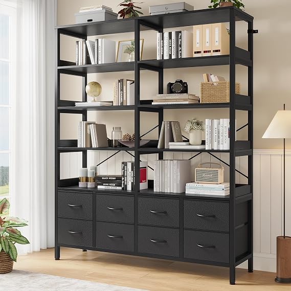 HAUOMS Bookshelf with 8 Fabric Drawers,Baffles Shelves, 7-Tier, Black