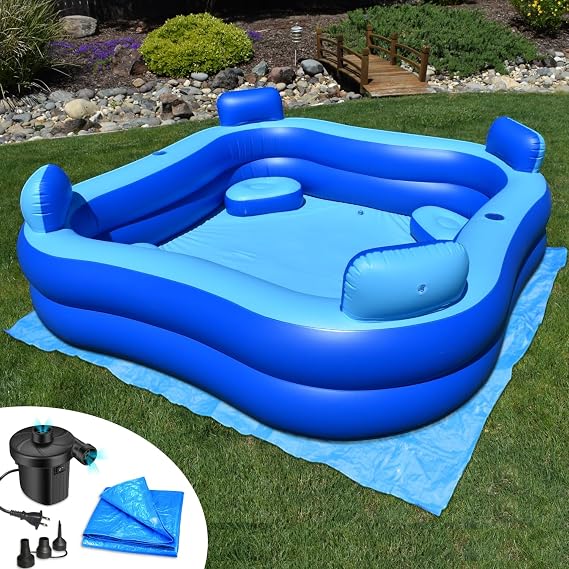 Inflatable Pool w/Seats & Headrests, 8ft x 8ft,  with Electric Pump and Ground Tarp Included - Fast Setup and Reinforced Seams