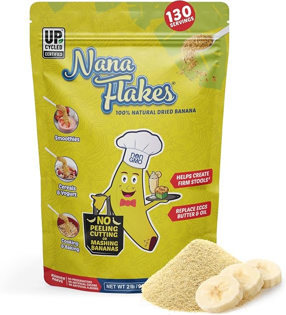 Nutritional Designs Nana Flakes 100% Natural Banana Powder, Digestive Support - Source of Potassium & Fiber - Substitute for Eggs, Butter, or Oil in Baking (2LB Bag)