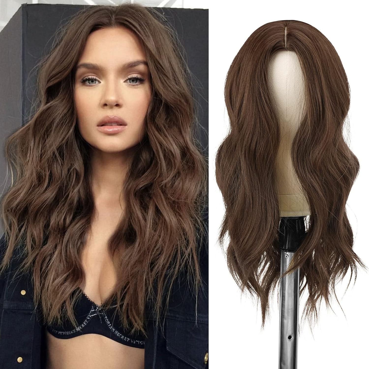 FESHFEN Long Curly Wig, 55 cm Brown Wig, Middle Parting, Womens Wigs, Natural Synthetic Wigs, Womens Curls, Wavy Wig for Party, Daily