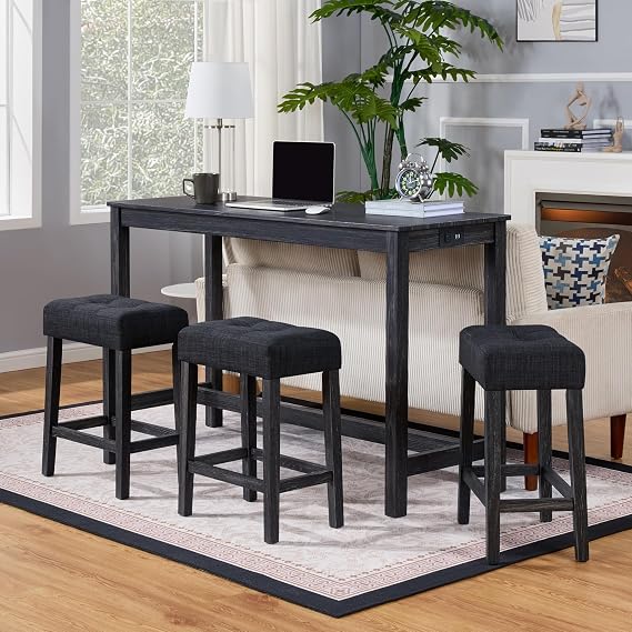 DUHOME 4 Piece Bar Table Set with Power Outlet,Industrial Breakfast Table with 3 Padded Stools Solid Wood Counter Height Dining Table Set for Living Room, Dining Room Dark Grey