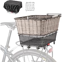 Rear Bicycle Basket – Large Quick-Release Rear Basket with Cargo Net and Waterproof Cover, Hand-Woven Basket with Large Capacity