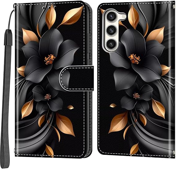 Case Wallet for Samsung Galaxy S23 Plus, Black Flower