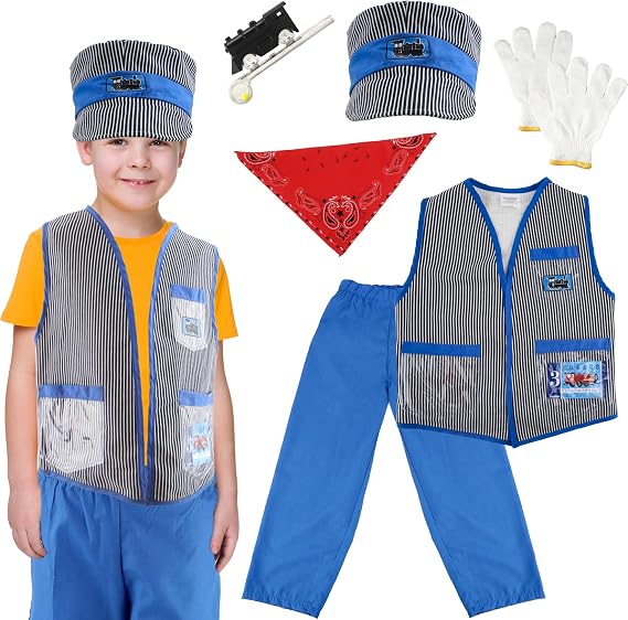 7 Pcs Kids Train Engineer Costume Set Engineer Hat Conductor Vest Bandana Train Conductor Dress Up Outfit for Boys and Girls Halloween Career Day Pretend Party Cosplay
