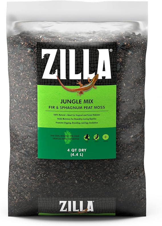 Zilla Reptile Terrarium Substrate Jungle Mix, Reptile Soil, 4 Quart | Terrarium soil with peat moss and fir bark for humidity control in tropical habitats; suitable as snake bedding