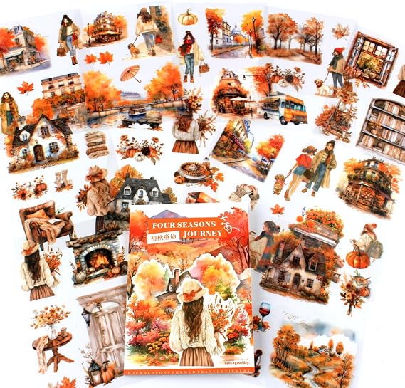 Fall Landscape Pre-Cut Autumn Journal Sticker Book, Transparent PET Watercolor Scrapbook Stickers for Junk Journaling Supplies, Scrapbooking, Collage, Bujo, 20 Sheets