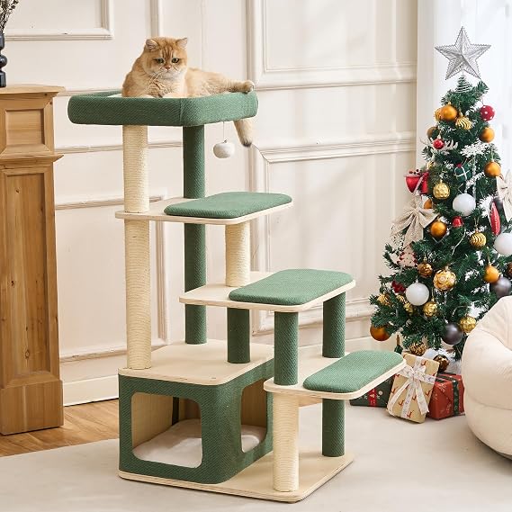 Modern Wood Cat Tree Tower for Large Cats - 43.5" Indoor Wooden Cat Condo with Sisal Scratching Posts, Washable Cushions, Large Top Perch & Easy Climb Steps for Elderly/Short-Legged Cats Multi-Cat Use