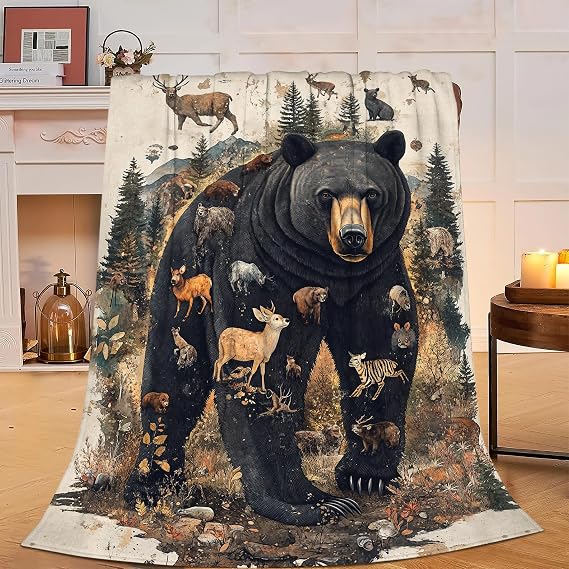 Black Bear Blanket Soft Cozy Bear Plush Throw Blanket Super Warm Fleece Fuzzy Wild Animal Bedding Blanket Bear Gifts for Kids Girls Boys Women Bed Decor Stuff 40"X50"