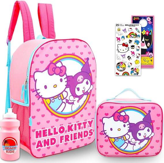 Hello Kitty and Friends Backpack and Lunch Bag - Bundle with 16” Sanrio Backpack Featuring Kuromi Plus Lunch Box, Water Bottle, Stickers, More | Hello Kitty and Friends School Bag Set