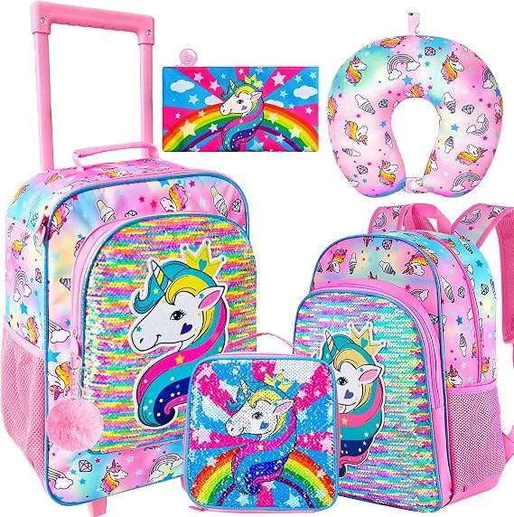AGSDON 5 Piece Kids Luggage Set for Girls, Cute Rolling Wheels Suitcase for Toddler, Children Travel Carry on Suitcase - unicorn