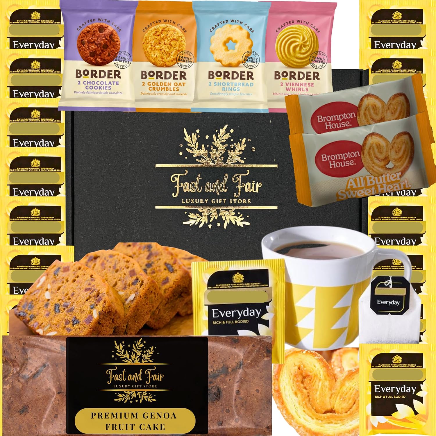 Luxury Tea & Cake Gift Set - Food Gift Hamper with Everyday Tea, Premium Genoa Fruit Cake, Border Biscuit Selection and All Butter Sweethearts - 23 Items in Gold Embossed Gift Box