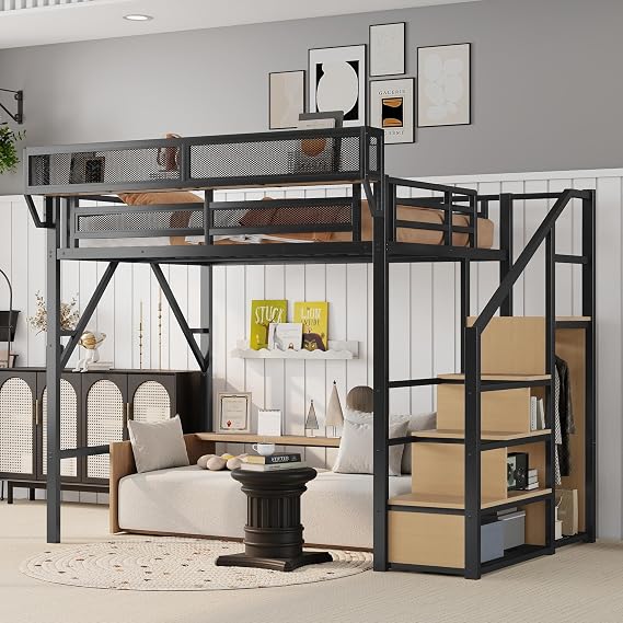 KEIKI Full Size Metal Loft Bed Frame with Convertible Staircase, Built-in Storage Shelves and Wardrobe, Loft Bed with Solid Slats, Guardrail, No Box Spring Required, Easy Assembly, for Bedroom, Black