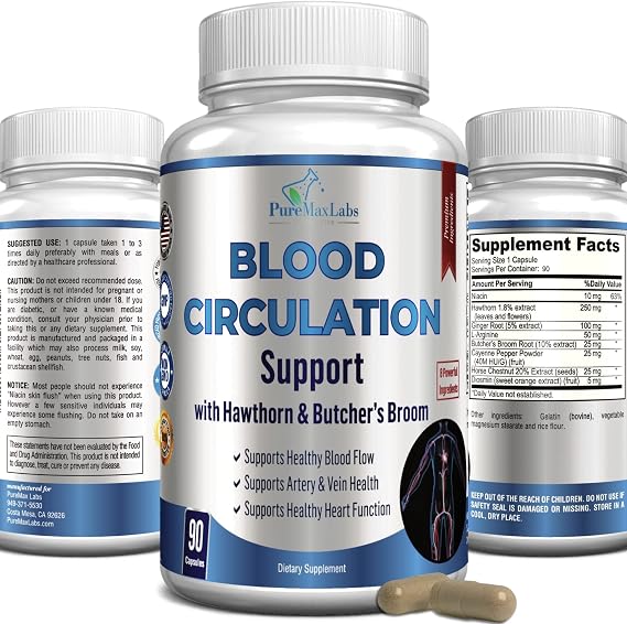 YUMMYVITE Blood Circulation Supplement - with Hawthorn, Butchers Broom, Horse Chestnut, Arginine, Diosmin, Varicose Veins Treatment, Circulation Support - 90 Capsules