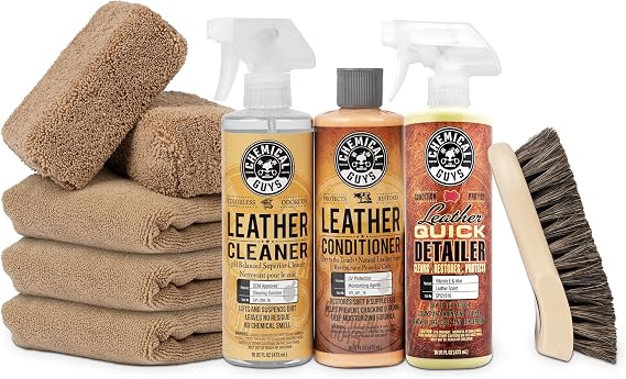 Chemical Guys Leather Cleaner and Conditioner Detailing Kit - Leather Care Kit For Natural, Synthetic, Faux, Pleather, and More for Car Interiors, Apparel, Furniture, Boots & Accessories - 9 Items