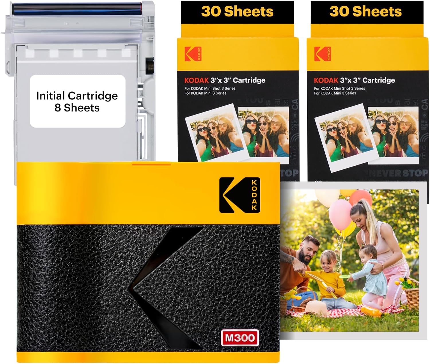 KODAK Mini 3 ERA 4PASS Portable Photo Printer 3x3 inches, Initial 8 Sheets  60 Sheet Pack Bundle, Yellow