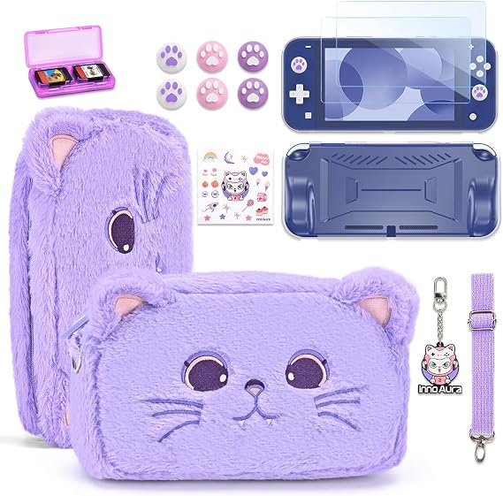 innoAura Switch Lite Case, 14 in 1 Switch Lite Accessories Bundle with Cute Switch Lite Carrying Case, Switch Lite Screen Protector, Switch Game Case, Switch Thumb Caps (Purple Cat)