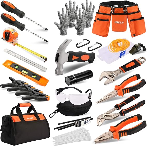INCLY 95 PCS Kids Real Tool Set, Boys Small Real Hand Tools Kit, Children Construction Learning Tools Hammer Screwdriver for Home DIY Building and Woodworking,Come with Tool Belt & Bag | Boys Small Real Hand Tools, Children Construction Learning Tools, Hammer Screwdriver for Home DIY Building and Woodworking