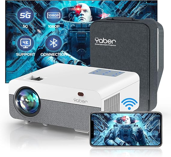 YABER Pro Y9 5G WiFi Bluetooth Projector, 300 ANSI Native 1080P Projector 4K Support, Outdoor Movie Projector with Screen, Max 500" 4P/4D Keystone 50% Zoom Full Sealed Optical 4K Projector