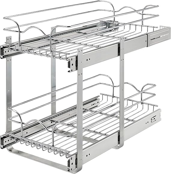 Rev-A-Shelf 2-Tier Pullout Shelf and Drawer Organizer for Kitchen Cabinets, Slide Out Storage Basket, Min Opening Width of 11.5", 12" x 22", 5WB2-1222CR-1