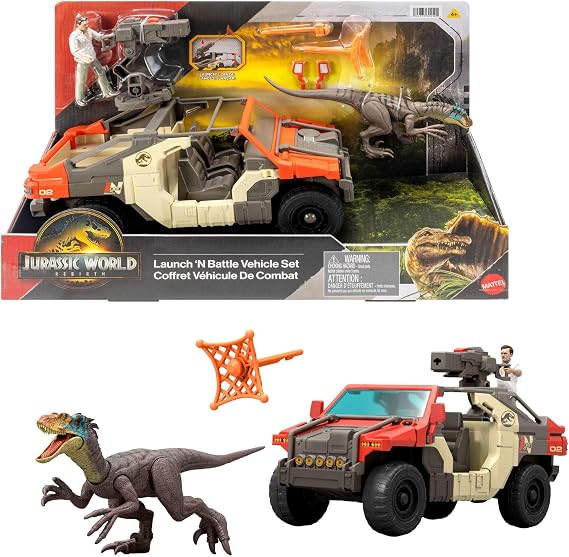 ​Mattel Jurassic World Rebirth Vehicle with 1 Human & 1 Dinosaur Figure, Launch ‘N Battle Truck, Martin Krebs Figure & Raptor, Turret & 2 Projectiles, JGB59