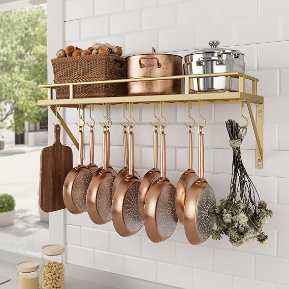 KES 30-Inch Gold Pot Rack, Wall Mounted Hanging Pot and Pan Organizer