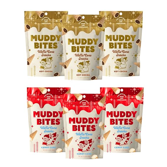 Muddy Bites Waffle Cone Snacks Bite Sized Chocolate Filled Waffle Cones for Snack or Dessert, Hot Cocoa & Candy Cane, Made with Cane Sugar, Non-GMO, Kosher (Holiday Combo Pack, 6 Bags)