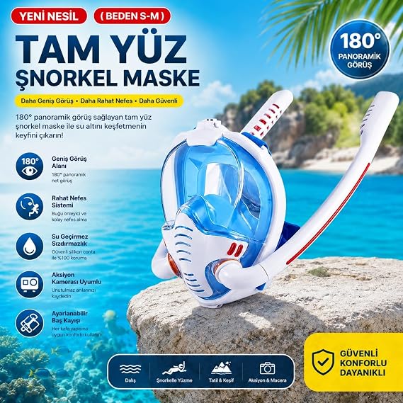 HyMark Çift Tüplü Şnorkel Maskesi (S-M) Beden Tam Kuru Dalış Yüzme Maskesi Full Face Dalış Gözlüğü