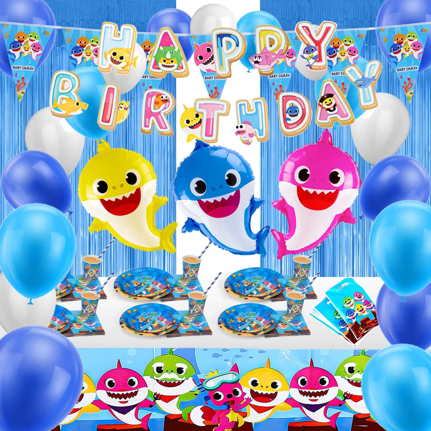 Baby Shark Party Supplies Set, 182 Pcs Baby Shark Birthday Decorations, Shark Themed Birthday Party Pack with Baby Shark Balloons, Banner, Tablecloth, Tableware for Boy Girl Kids - Serves 16 Guest