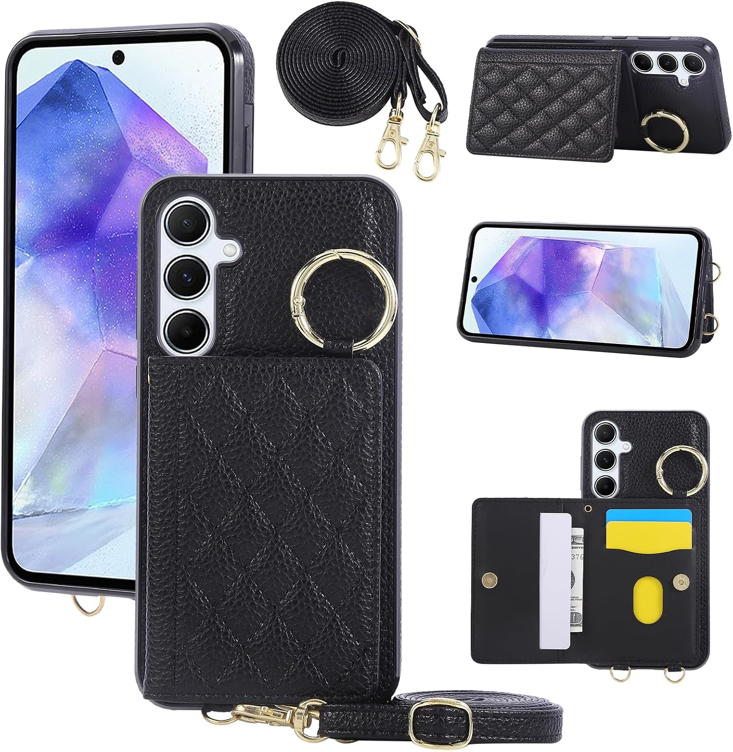 Galaxy A56 5G Case Notebook Type PU Leather Galaxy A56 5G Phone Case Back Cover Shoulder Strap Storage Pocket Protective Case with Finger Loop Stand Function Galaxy A56 5G Case Smartphone
