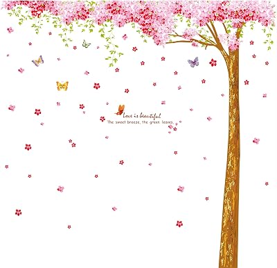 Amaonm Giant Huge Size Removable Pink Red Romantic Cherry Blossom Tree Wall Decal DIY PVC Butterfly Wall Decorations Art Decor Stickers Murals Wallpaper for Nursery Room Living Room Wall Corner