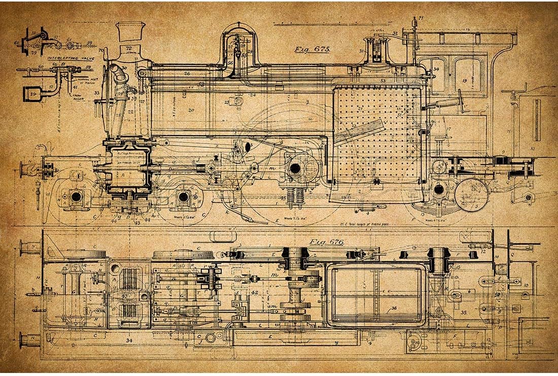 Meishe Art Vintage Poster Print Antique Train Mechanical Blueprint Structural Drawing Illustration Showing the Basic Structure Construction Schematic Diagram Home Wall Decor 15.75 x 23.62