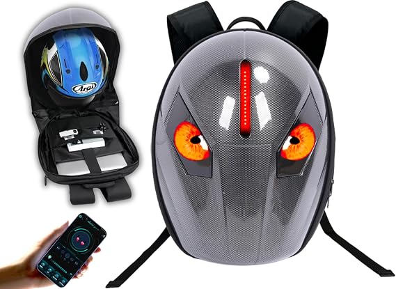 Bewinner LED Motorcycle Backpack Cool Round Design - 3D Hard Shell Motorbike Backpack with Programmable Full Color Screen, Waterproof Riding Helmet Bag for Outdoor
